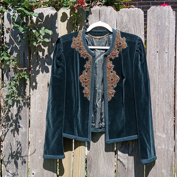 VTG Luxury Velvet Blazer Jacket Dark Forest Green Beaded Embroidered Exquisite M - Picture 2 of 15